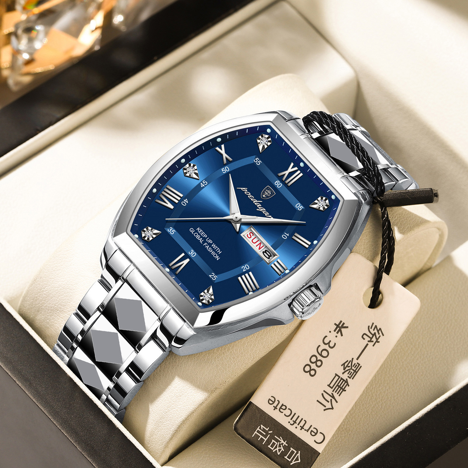 Waterproof Luminous Barrel-shaped Quartz Mens Watch Silver Case Blue Face