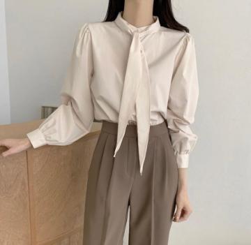 Spring New Gentle Lace-up Bow Tie Design Puff Sleeve Solid Color Shirt For Women