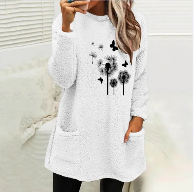 European And American Women's Round Neck Pullover Long Sleeve Pocket Embossed Double sided Velvet Sweatshirt White - Shop at LoveMi