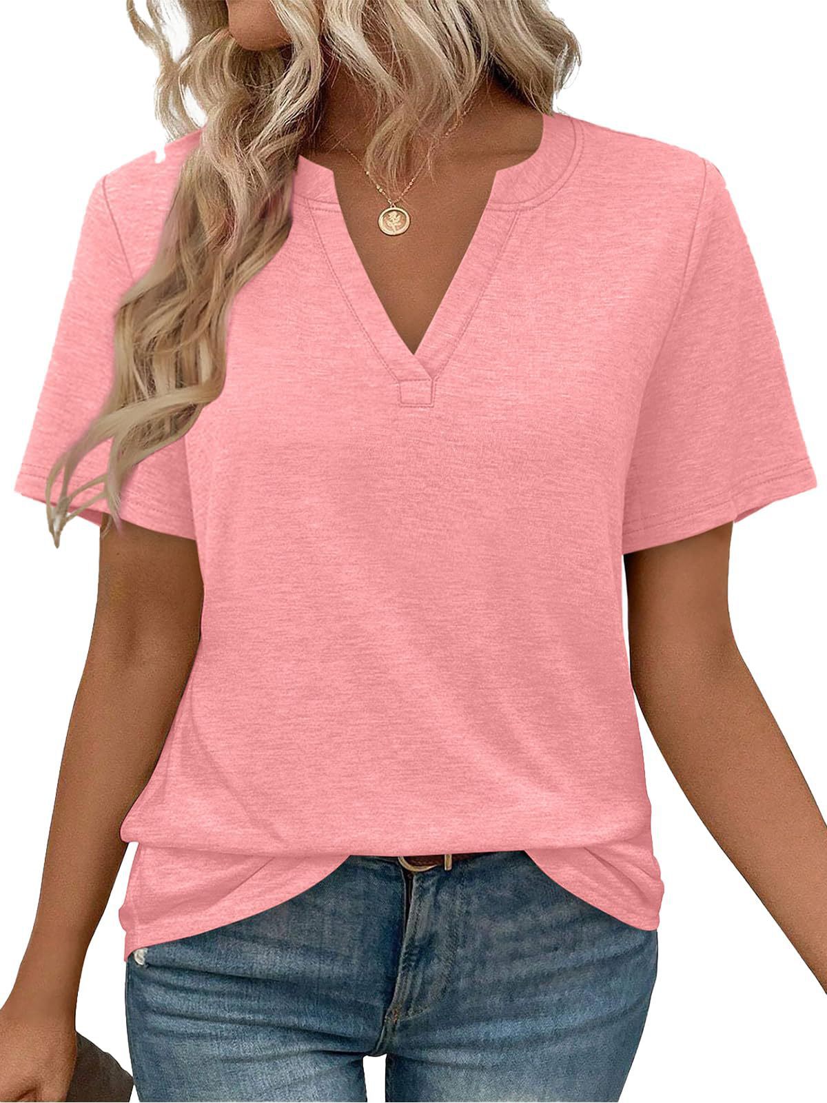 Womens T-shirt With V-neck Loose-fit Casual Solid-color Top