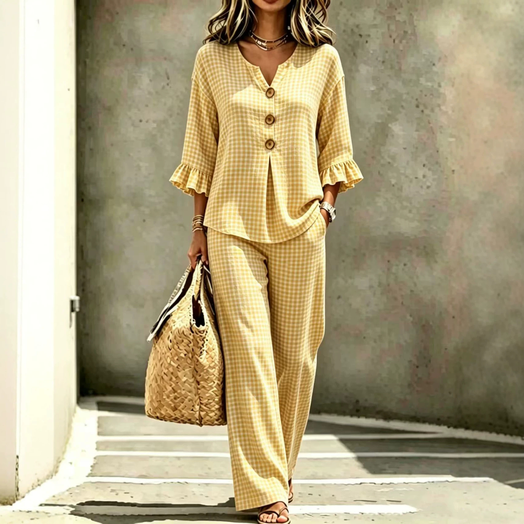 Womens New Casual Buttoned V-Neck Ruffled Hem Plaid Three-Quarter-Sleeve Top And Pants Set