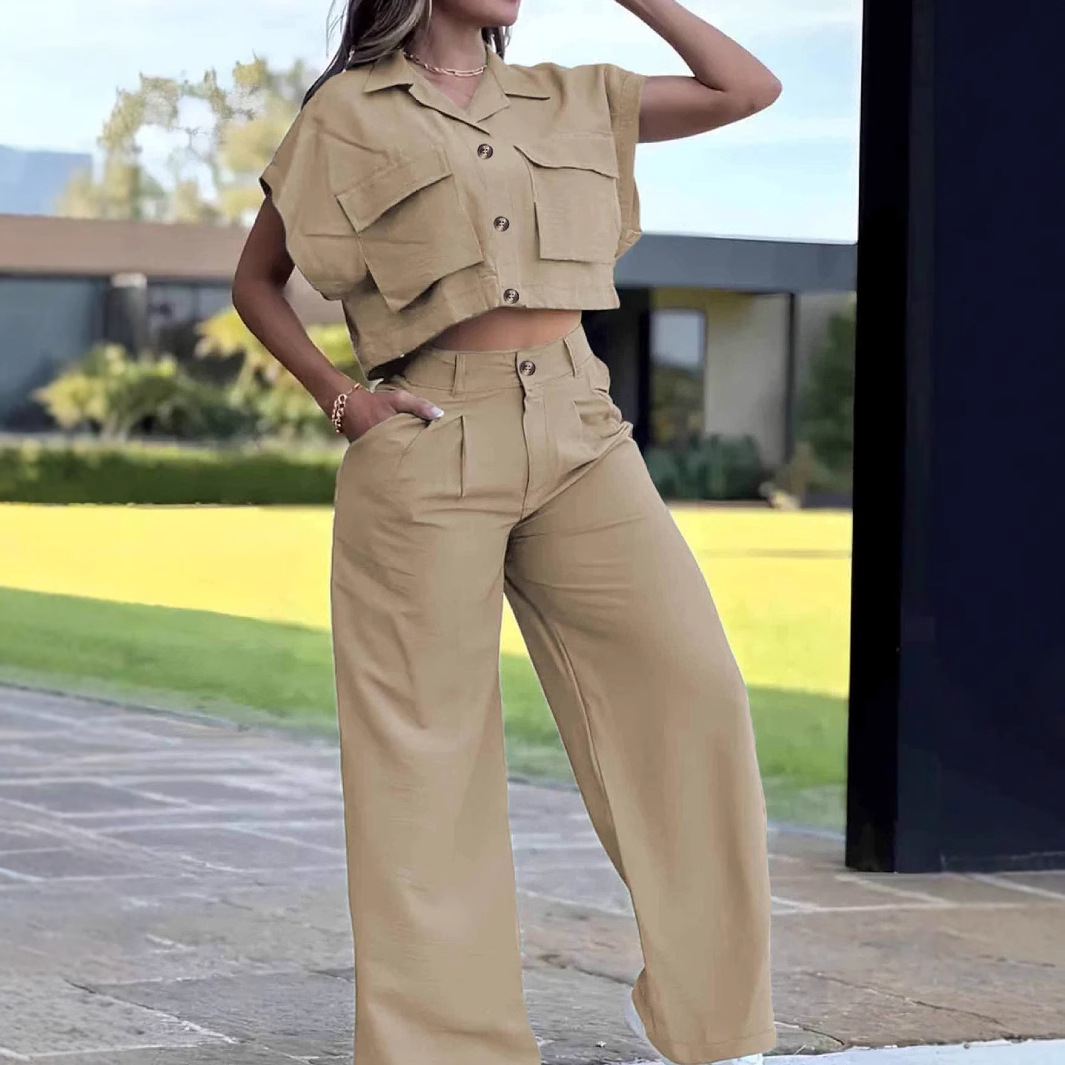 Large-pocket Midriff-baring Top With Attached Sleeves And Utility Pants