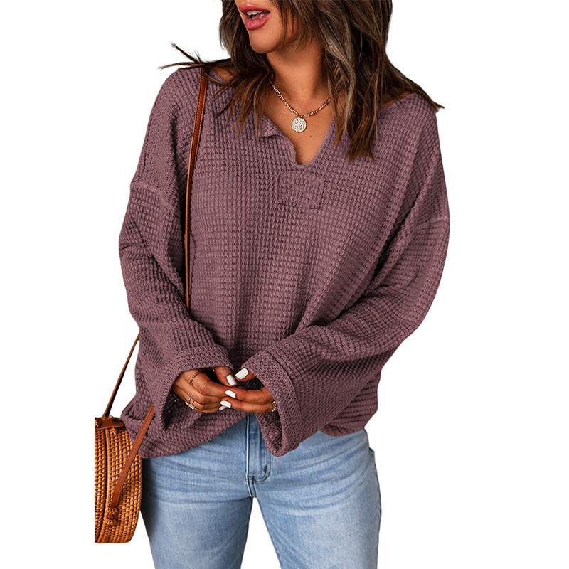 Waffle Long Sleeve Pullover Loose Casual Knitted Sweater Purple - Shop at LoveMi