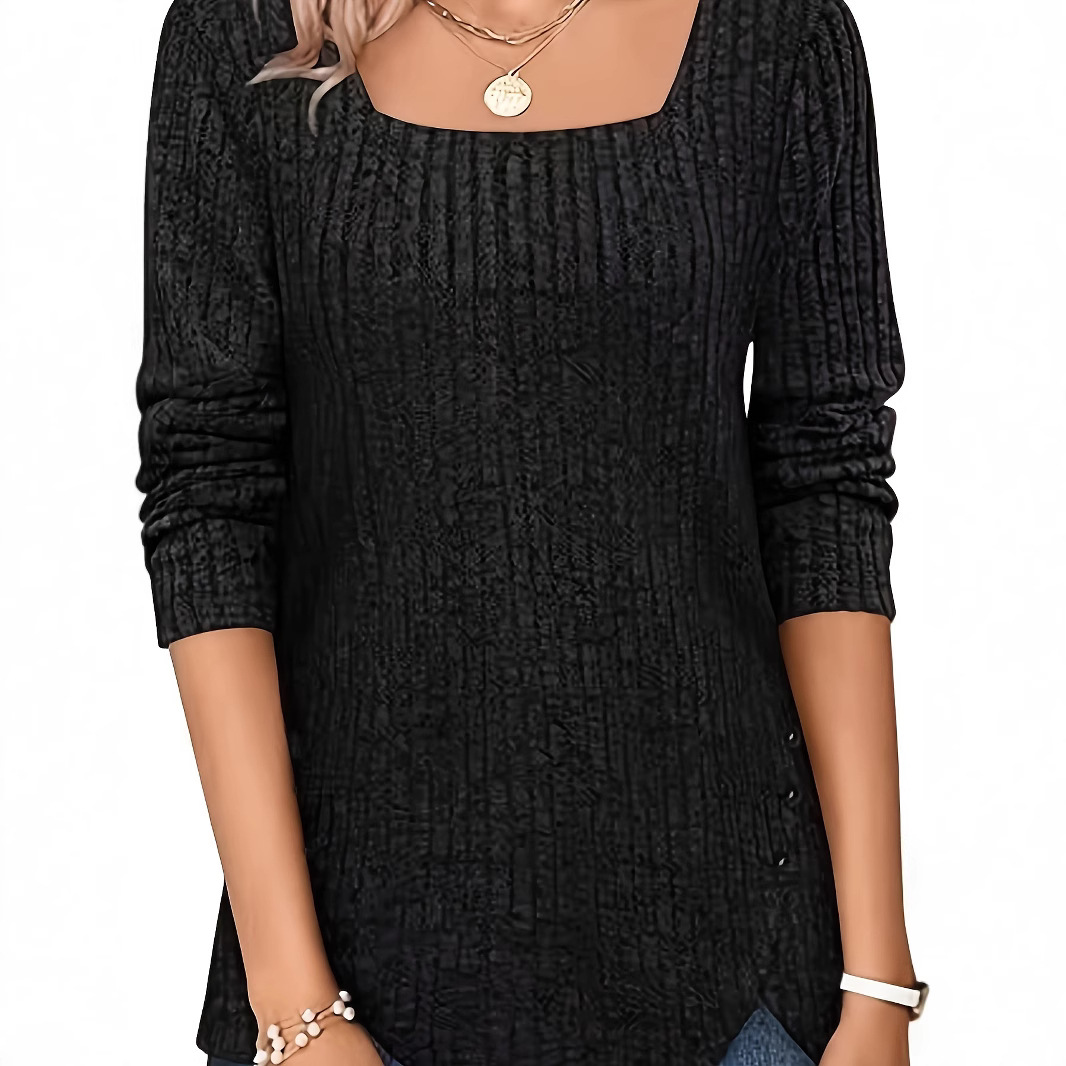 Solid Color Rib Fabric Square Collar Loose Long Sleeve Top