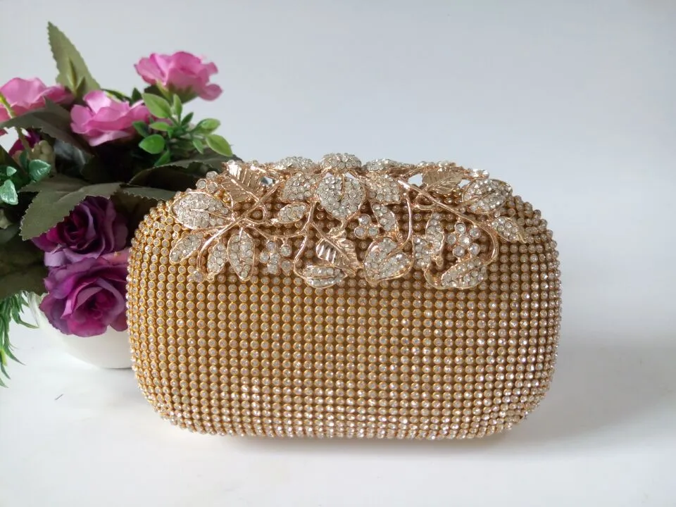 Leaf-shaped Flowers Diamond Dinner Clutch - Gold
