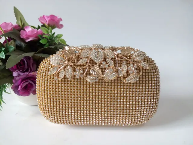 Leaf shaped Flowers Diamond Dinner Clutch Gold - Shop at LoveMi