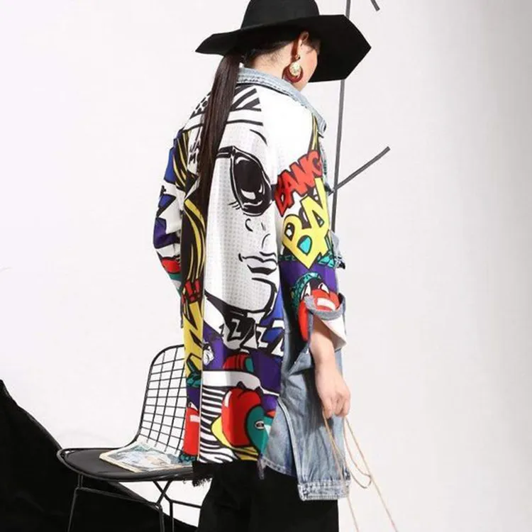 Women's Denim Trench Coat Fashion Image Drawing Creative - Light Blue