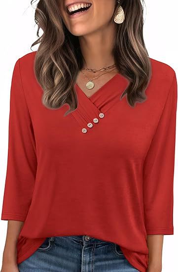 Red autumn button v-neck cotton t-shirt for women