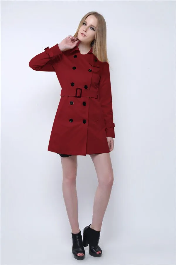 Women's Slim fit Elegant Double breasted Belt Trench Coat Wine - Shop at LoveMi