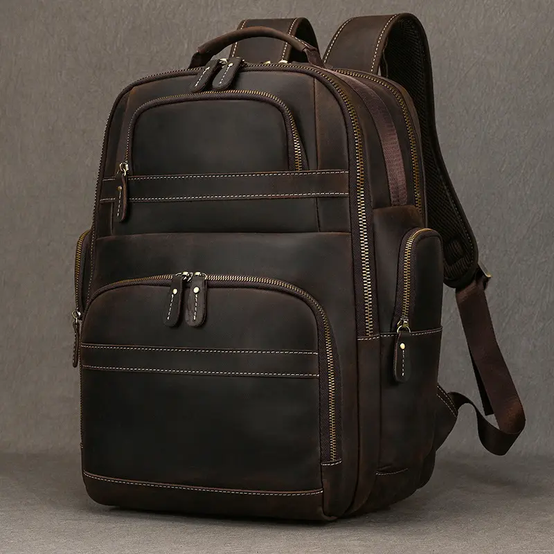 Mens Retro Saddle-Leather Backpac Large Capacity Genuine