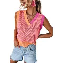 Color Contrast Patchwork Sleeveless V-neck Outerwear Woolen Vest For Women - Rose Red - View 1