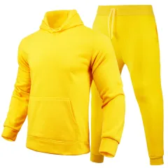 Slim-fit Solid Colour Hoodie Set Urban Casual - Yellow - View 1