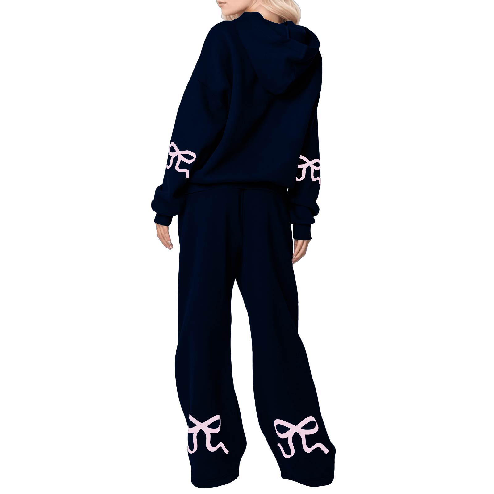 Outdoor Sports Loose Bowknot Printed Women's Casual Sweatshirt Sweatpants Suit Navy - Shop at LoveMi