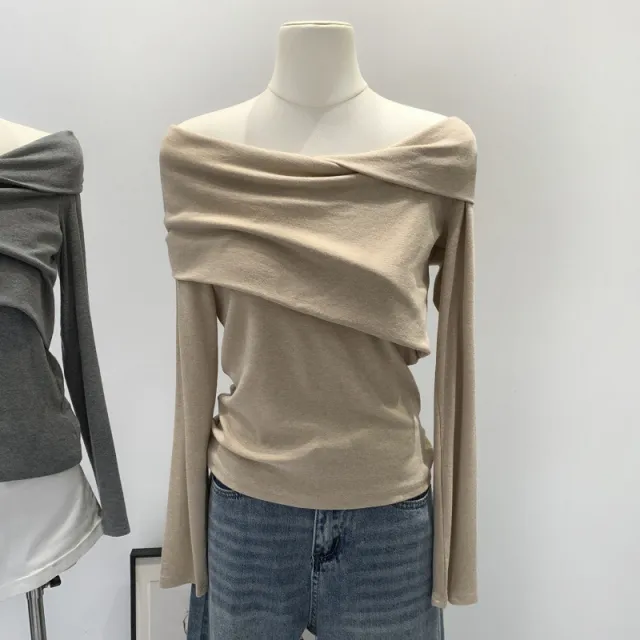 High end Womens Fashion A Unique Off shoulder Base Top Oatmeal Color S - Shop at LoveMi
