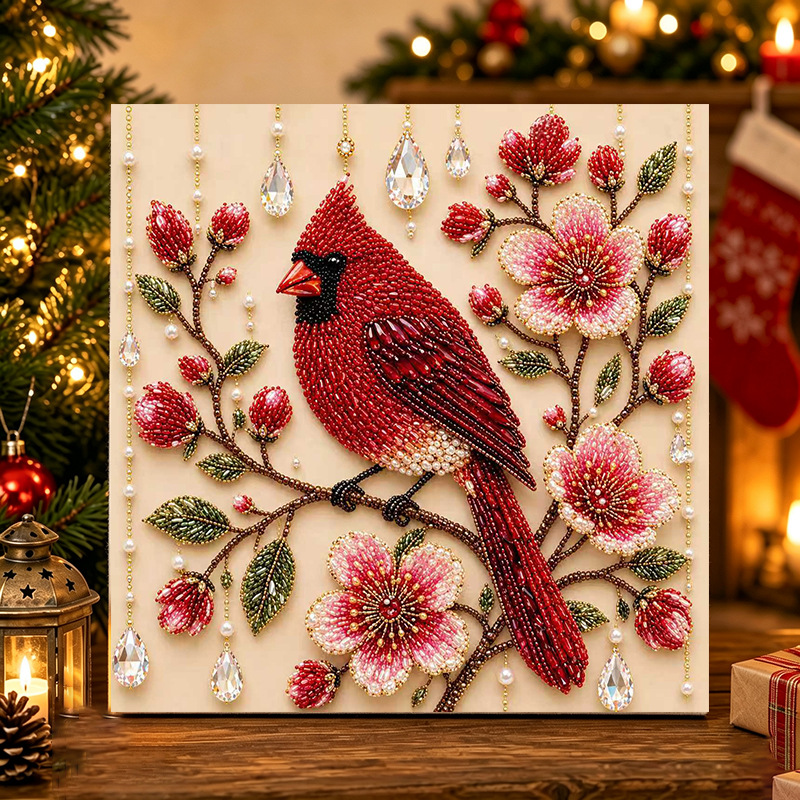 Floral And Red Bird Animal Handcrafted Pearl Painting 4