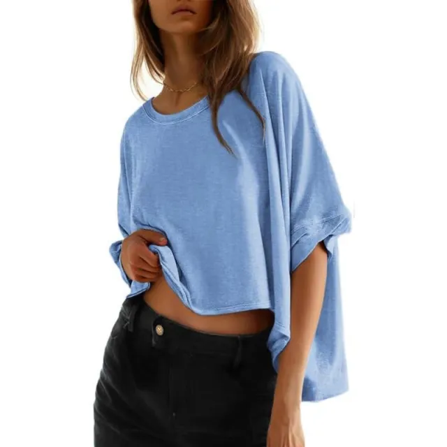 Women's Oversized Batwing Sleeve Twisted Short sleeved T shirt Sky Blue - Shop at LoveMi