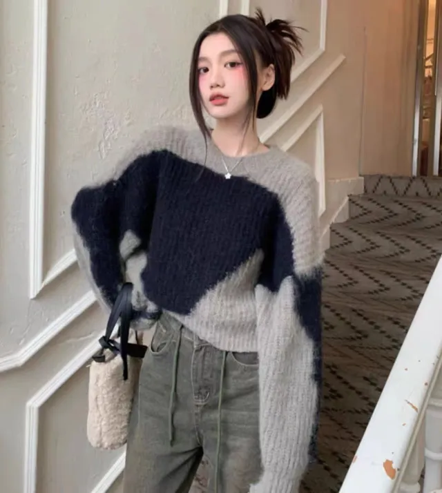 Contrast Color Crew Neck Pullover Sweater Black - Shop at LoveMi