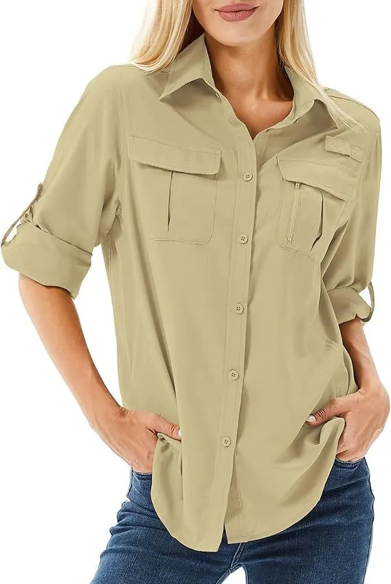 Casual Quick drying Stretch Zipper And Lapel Pocket Women's Shirt Mud Yellow - Shop at LoveMi