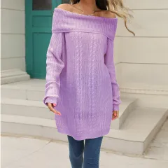 Women's Mid-length Large Lapel Knitted Sweater Dress - Purple - View 1