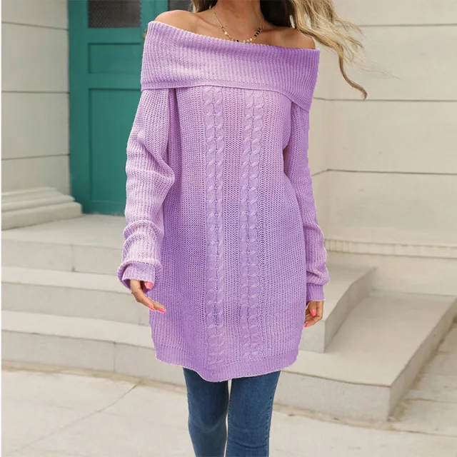 Women's Mid length Large Lapel Knitted Sweater Dress Purple - Shop at LoveMi