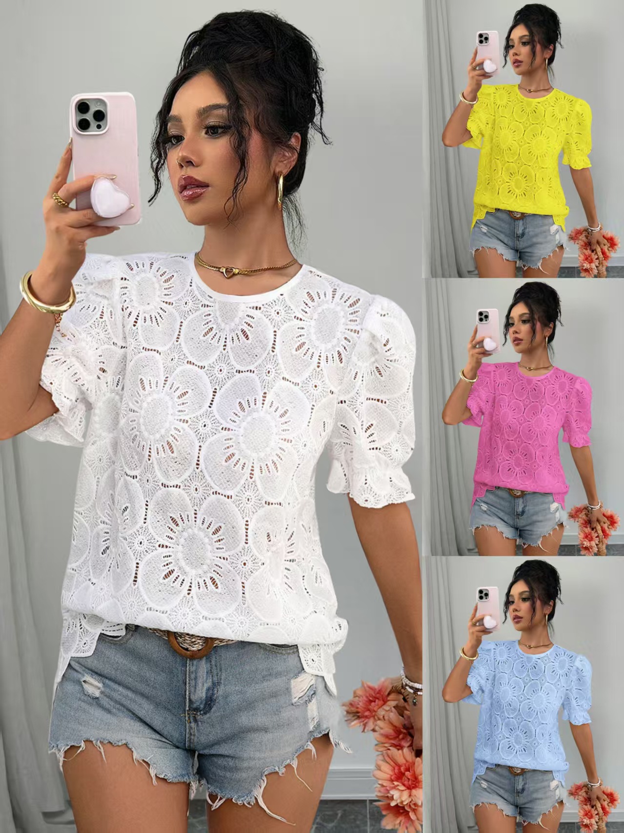 Women's hollow-out lace shirt – white colorway styled outfit