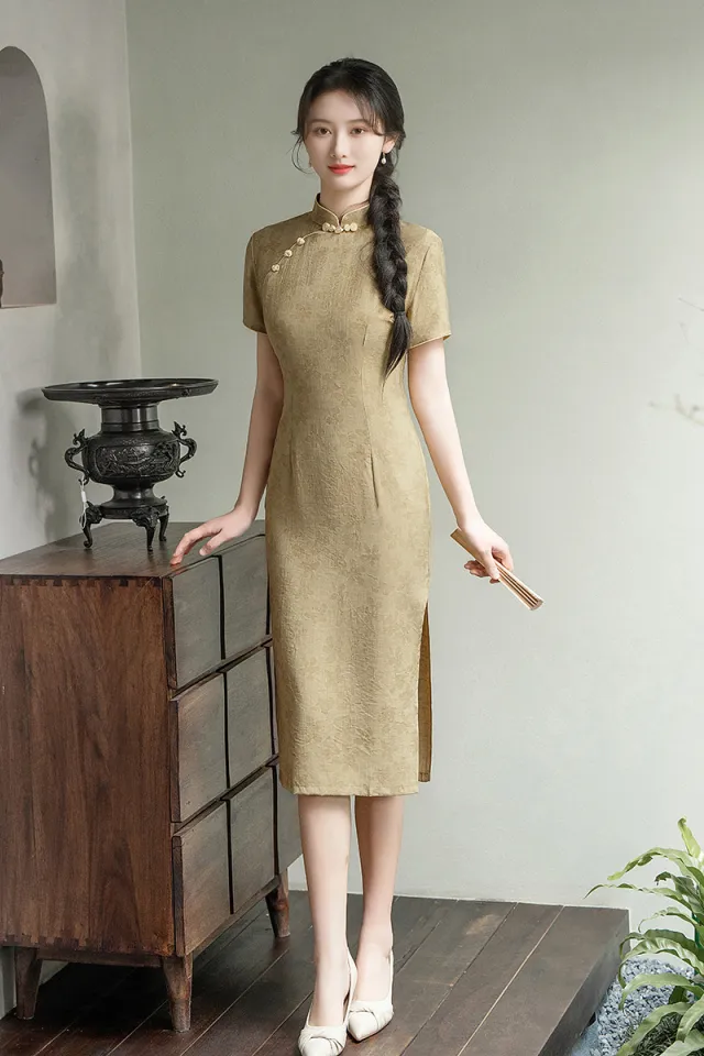 New Chinese style Elegant Cheongsam With A High end Aesthetic Khaki - Shop at LoveMi