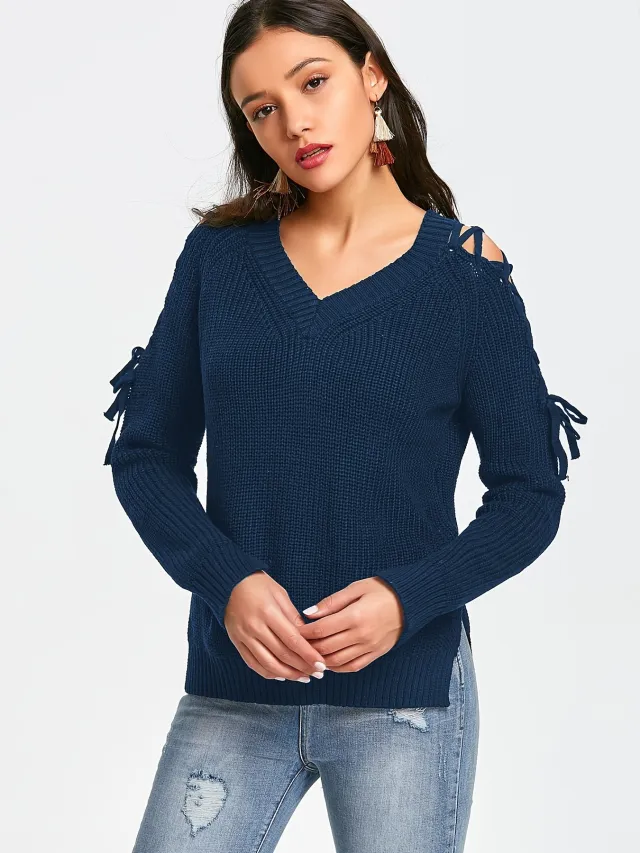 Hollow Knit Sweater Women Long Sleeve Tie Loose V neck Navy Blue - Shop at LoveMi