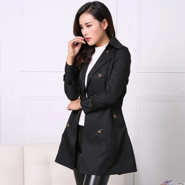 Commuter Casual Lace Up Double breasted Mid length Trench Coat Black - Shop at LoveMi