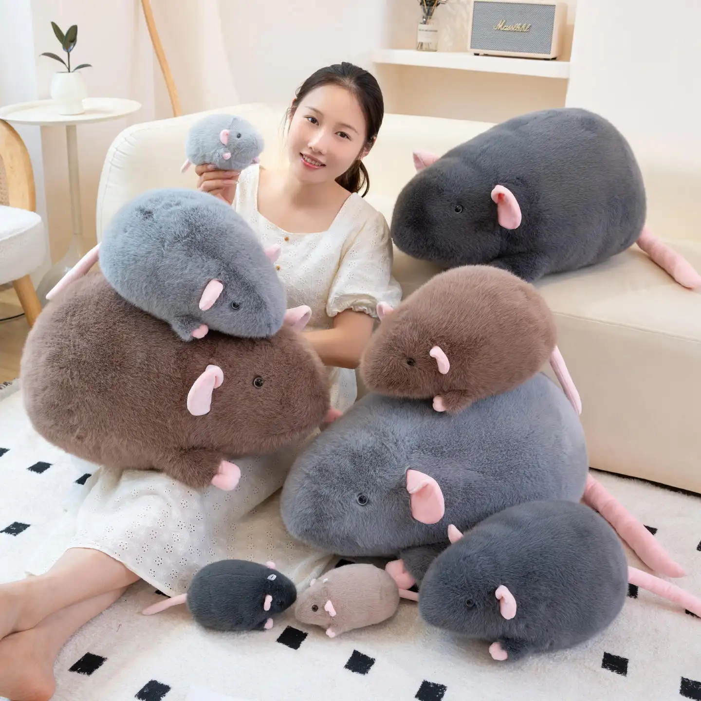 Simulation Large Mouse Plush Doll Blue Gray Flower Branch