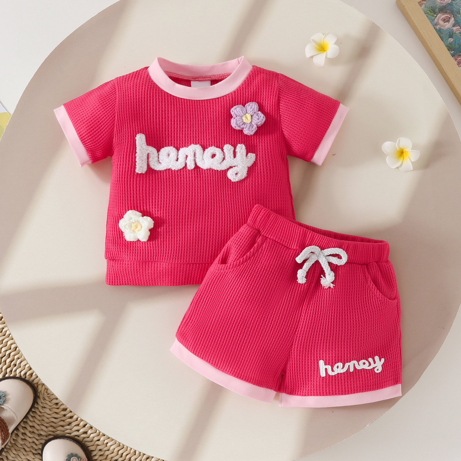 Girls Little Flower Embroidered Letter Short-Sleeve Top With Bow-Knot Shorts