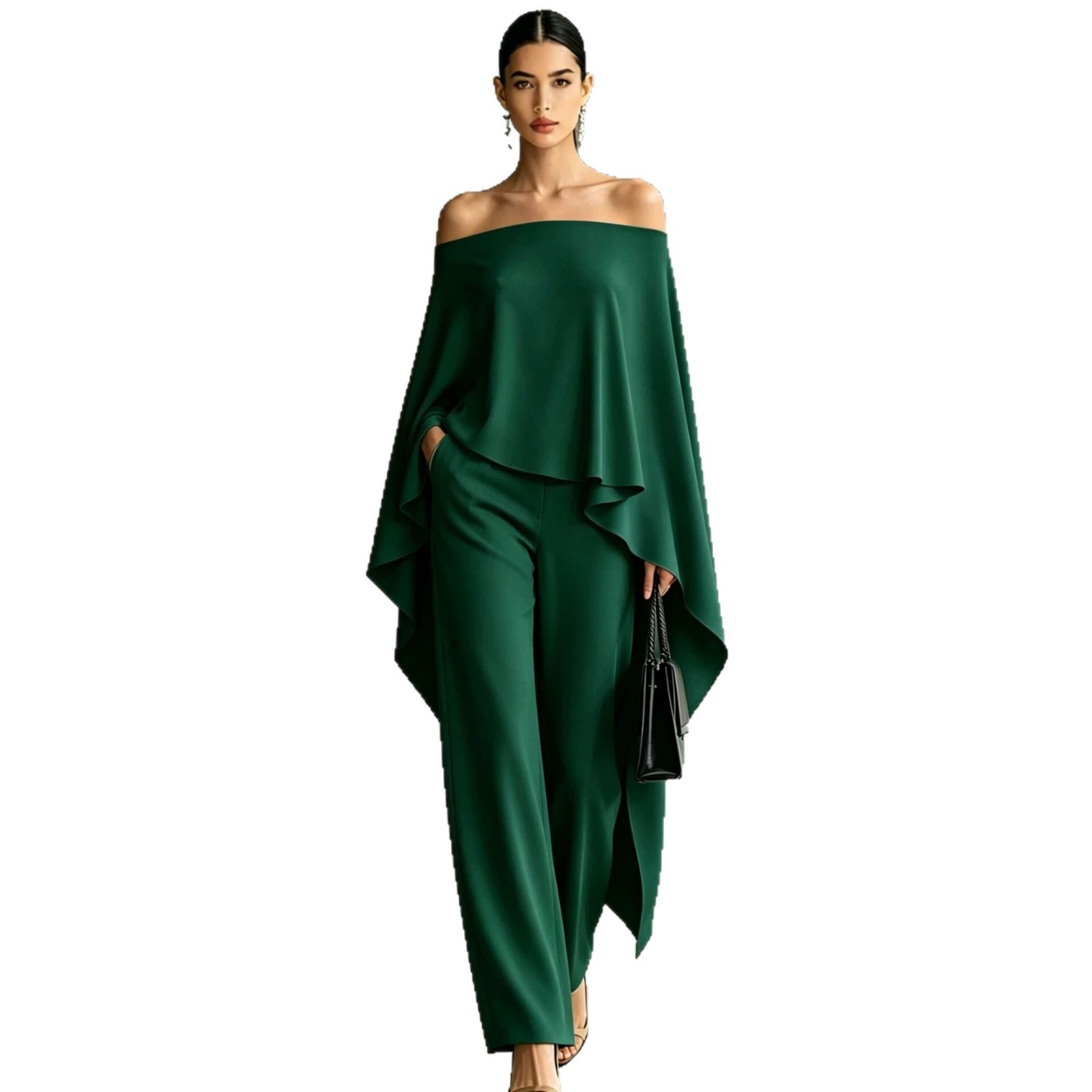 Autumn Fashion Off-Shoulder Wide-Leg Pants Set Womens Solid-Color Asymmetric Two-Piece Set 10