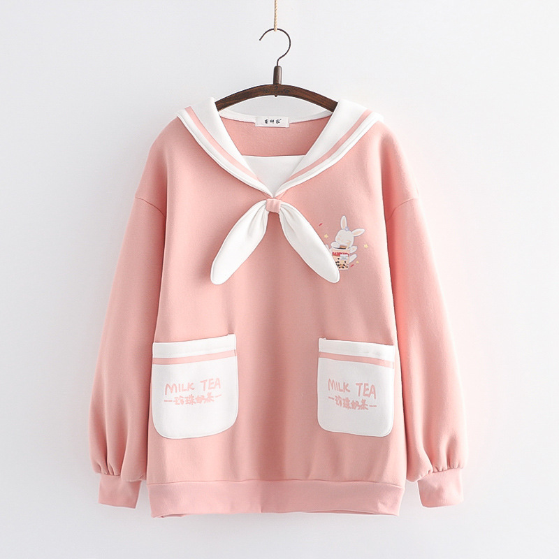 Japanese College Style Milk Tea Rabbit Sailor Collar Bow Brushed Hoody