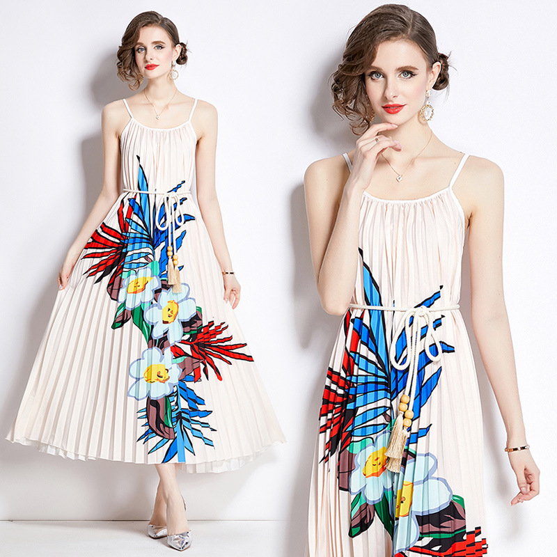 Printed Pleated Long Dress