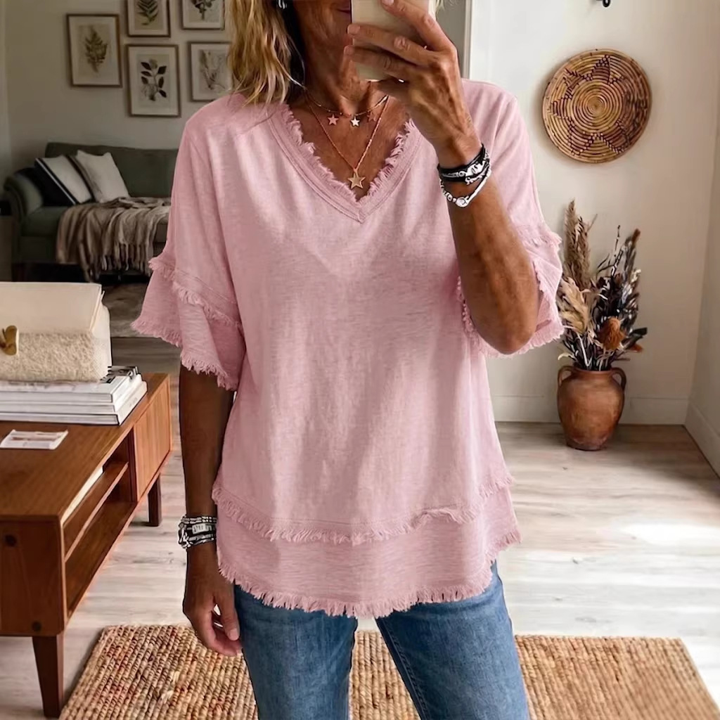 Women's V-Neck Pullover Short-Sleeve Loose Shirt 4