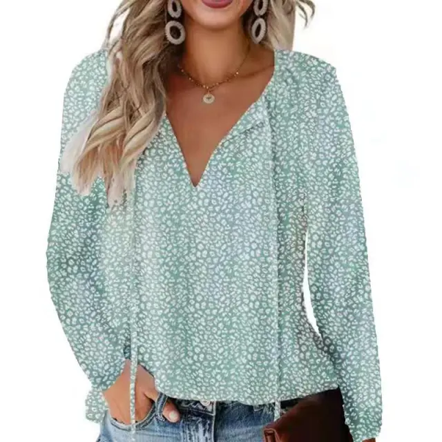 Floral Casual V neck Chiffon Shirt Loose And Simple Light Green Long Sleeve - Shop at LoveMi