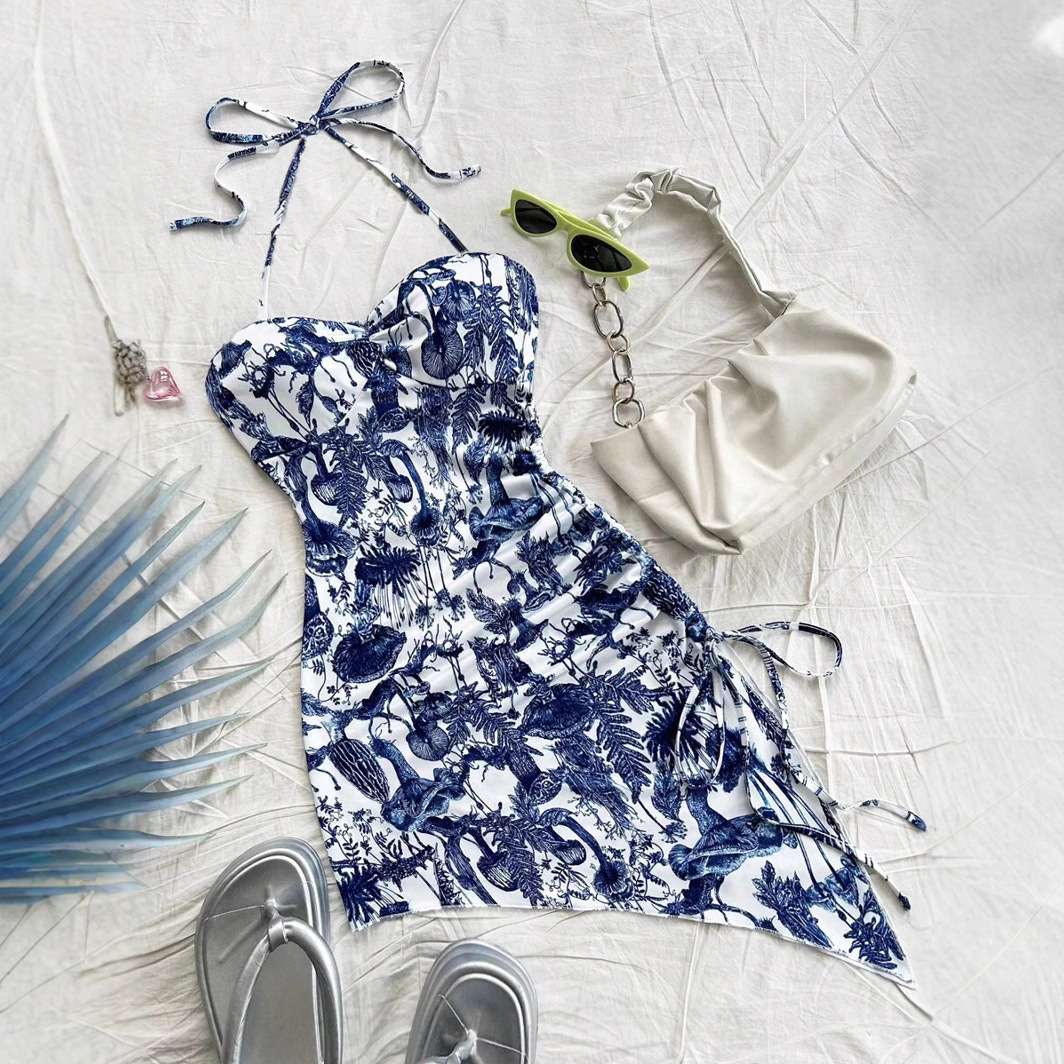 Strapless Wrapped-chest High-slit Printed Dress
