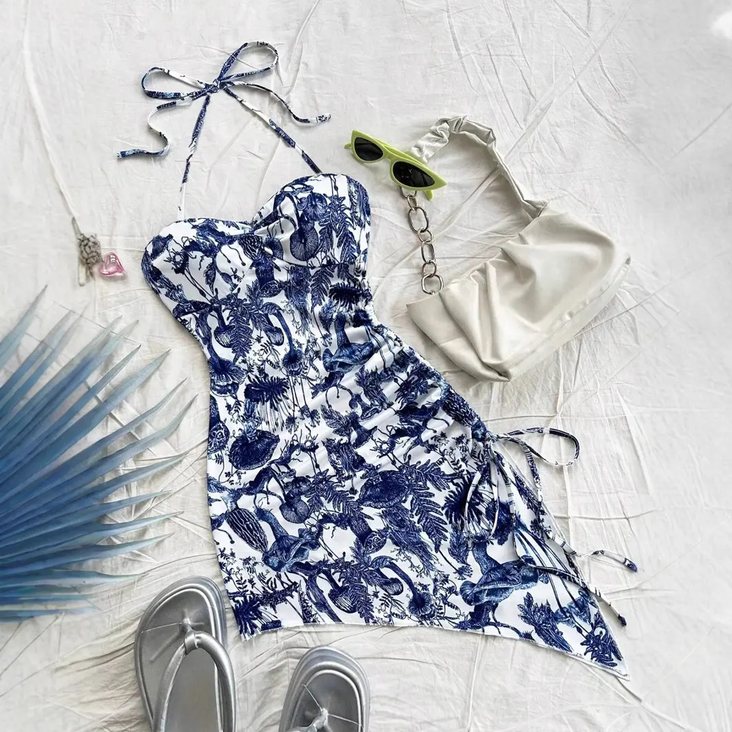 Strapless Wrapped-chest High-slit Printed Dress