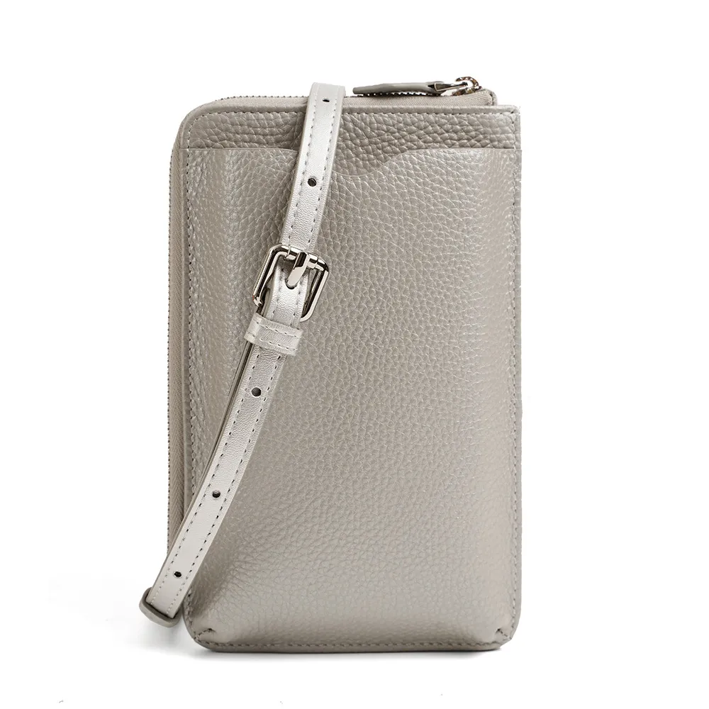 Women's Mini Genuine Leather Phone Crossbody Shoulder Bag - Silver