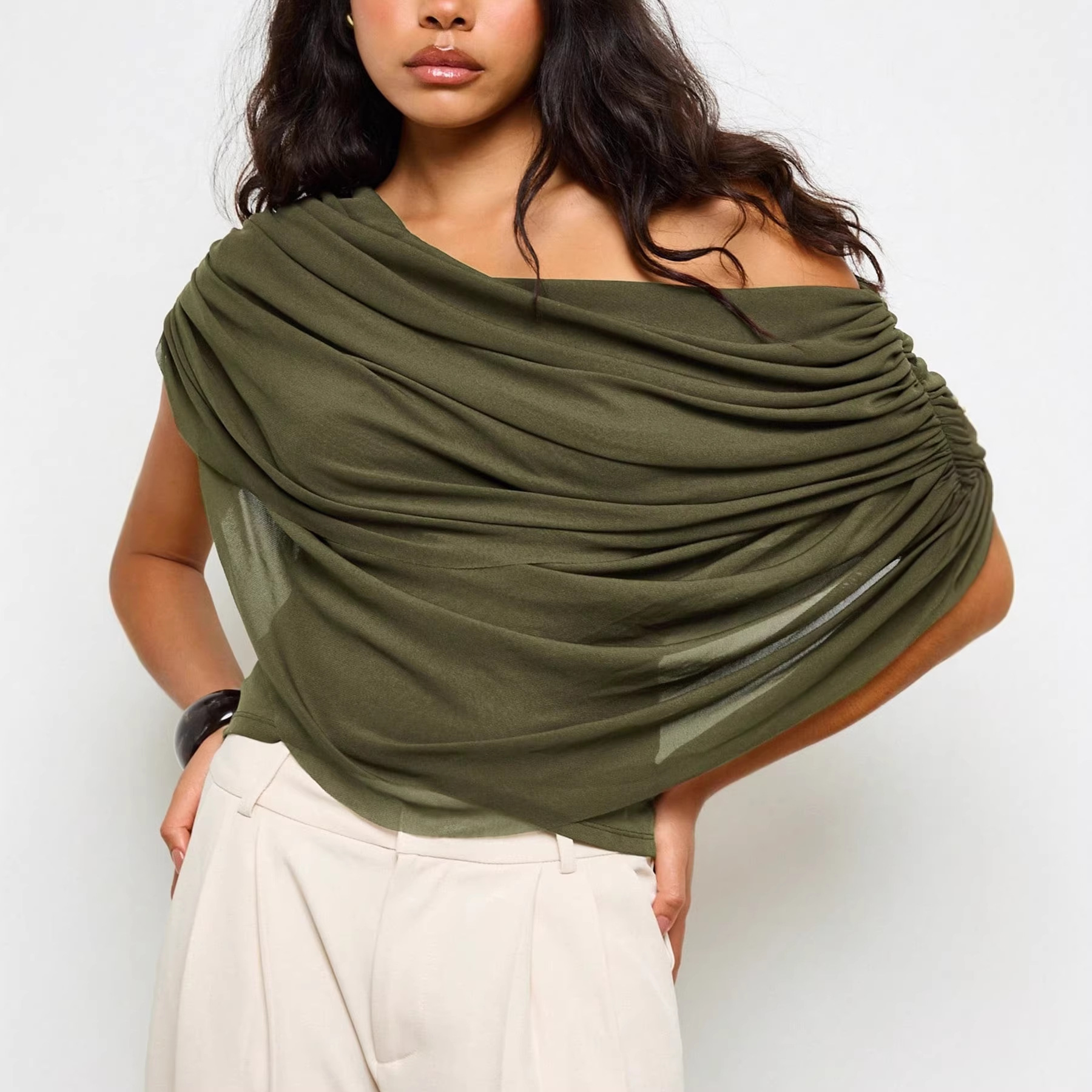 Womens Fashionable Loose-fitting Cape-style Solid-color Top With Pleats