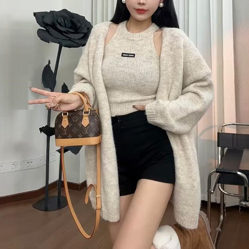 Knitted Cardigan And Halter-Neck Camisole Two-Piece Sweater Set For Women
