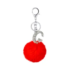 26 Colours Rex Rabbit Fur Ball Diamond English Letters Keychain - 7 Red - View 1