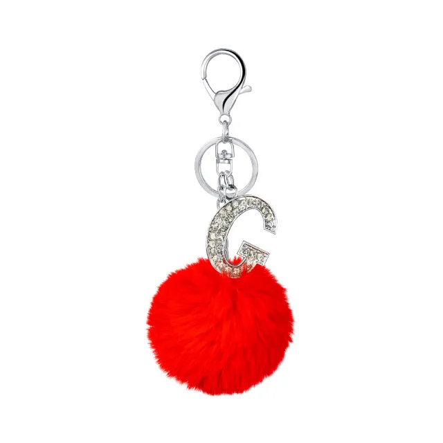 26 Colors Rex Rabbit Fur Ball Diamond English Letters Keychain 7 Red - Shop at LoveMi