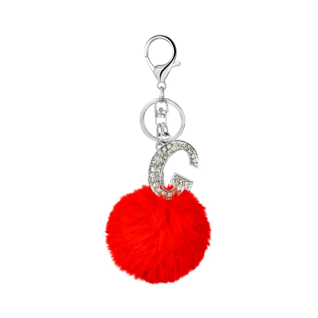 26 Colours Rex Rabbit Fur Ball Diamond English Letters Keychain - 7 Red