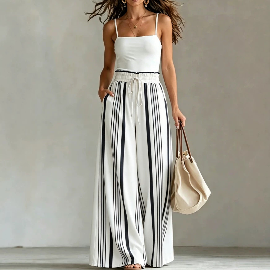 Womens Casual Striped Straight-leg Drawstring Wide-leg Pants