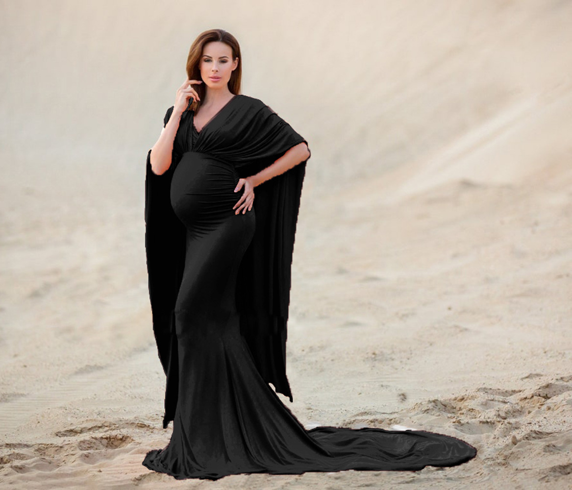 Off-neck Cape Mop Dress Pregnant Women Photo Shoot Long Dress
