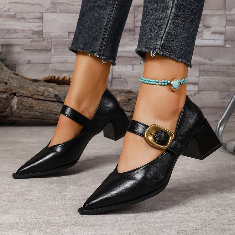 Chunky-heeled Peep-toe Slingback Leather Shoes Womens Style Pointed V-cut Mid-heel Pumps