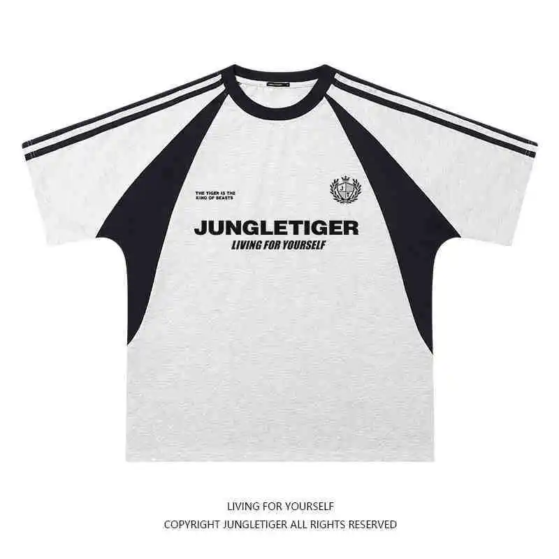 Sporty Contrast-color Loose Crewneck Letter-patchwork Short-sleeve T-shirt