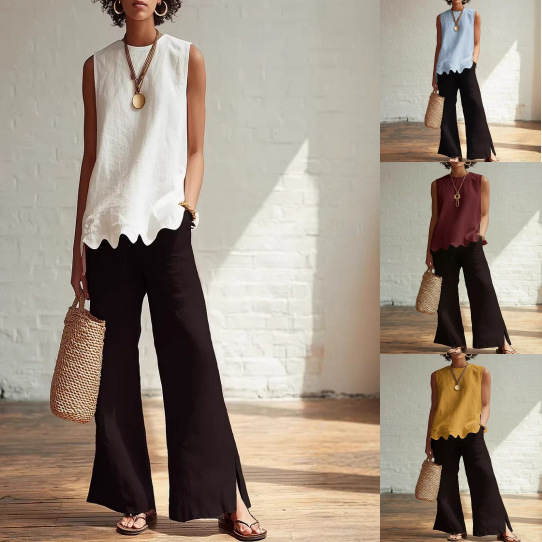 Crew-neck Sleeveless Shirt With A Wave Hem