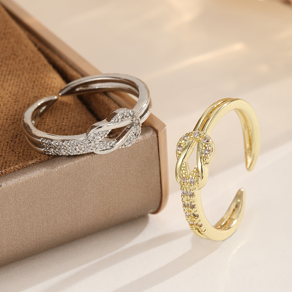 Light-luxury High-end Knot-design Diamond-studded Open Ring
