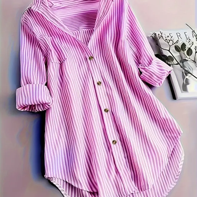 Women's Striped Button Casual Loose Long sleeved Shirt Rosered - Shop at LoveMi